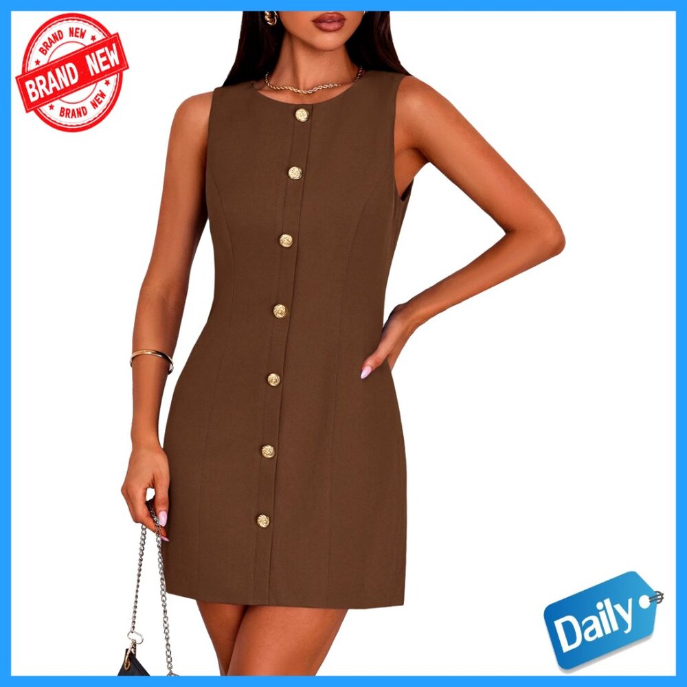 Sleeveless Button Down Work Dress Elegant Office Formal Business Chic